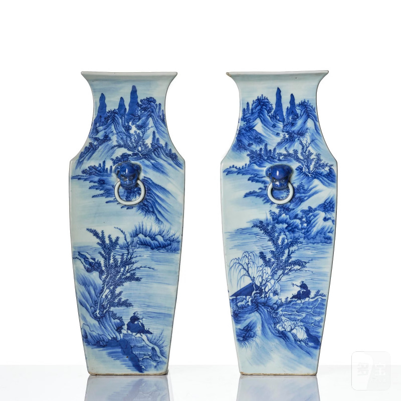 A pair of blue and white 'landscape' vases, - 图5
